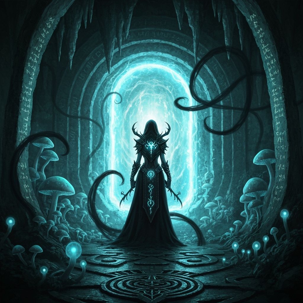 Drow Sorceress Before Pulsating Portal in Dark Fantasy Style