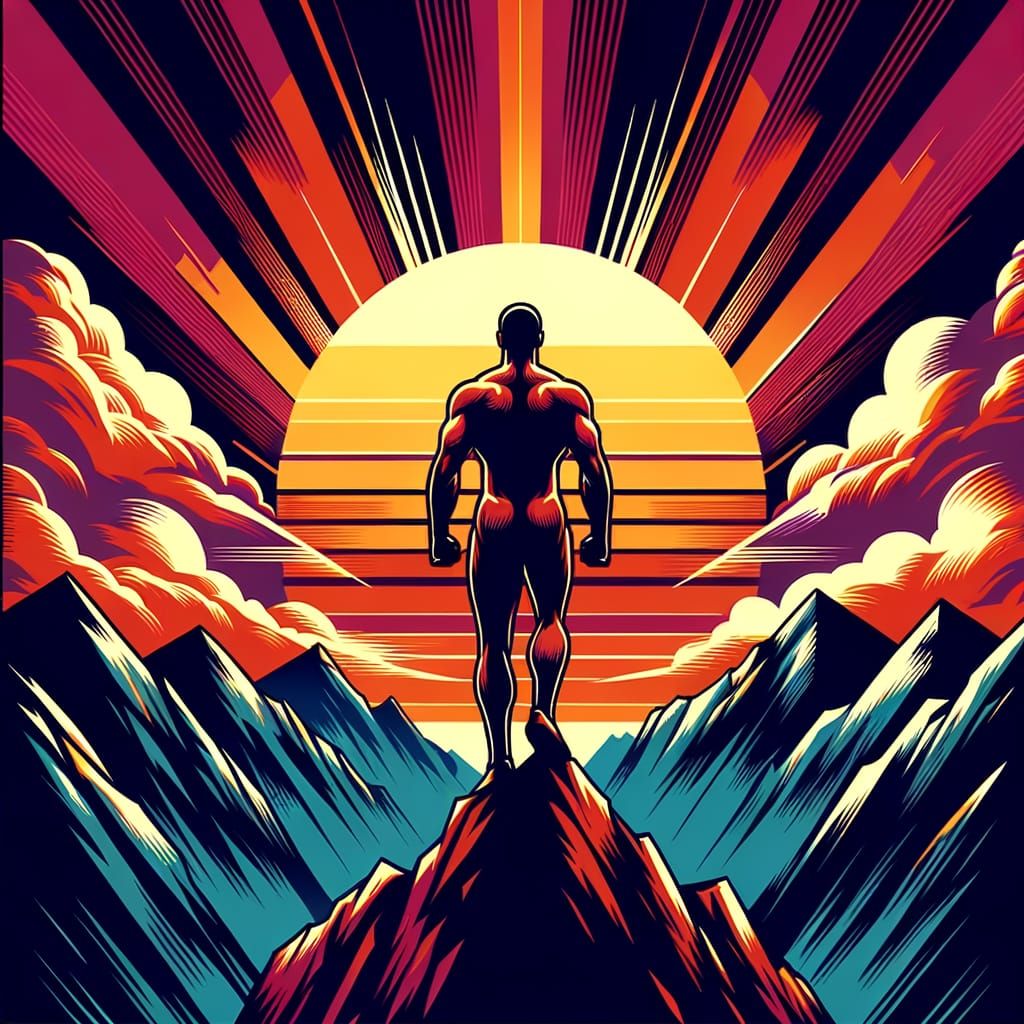 Athlete on Mountain Summit at Sunrise, Olympic Poster Style