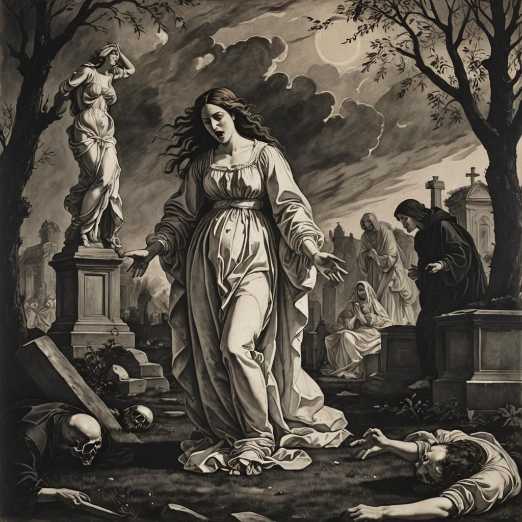 Ethereal Ghost in Cemetery: European Ink Print Style