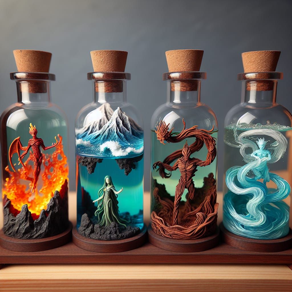 Elemental Creatures Trapped in Magical Potion Bottles