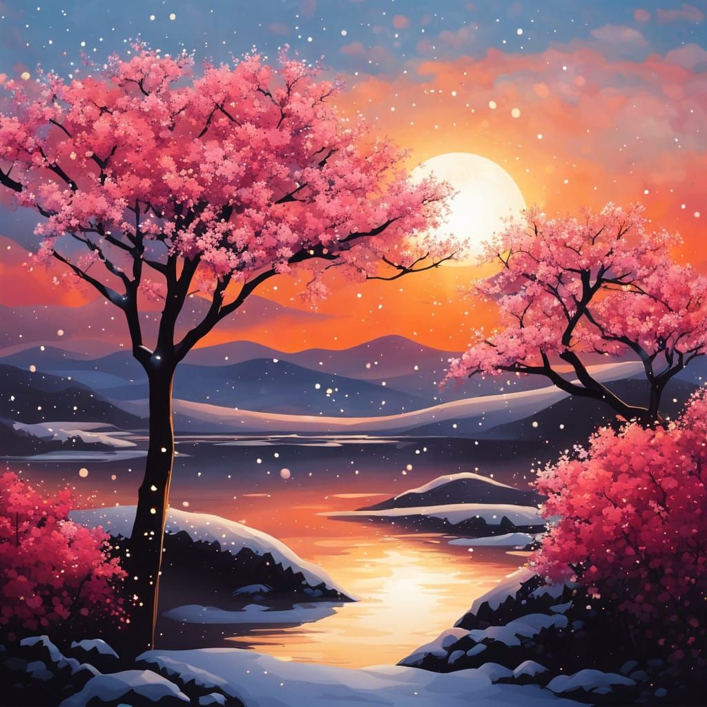 Vibrant Sakura Blossoms Dance Amidst Sunset Snowfall