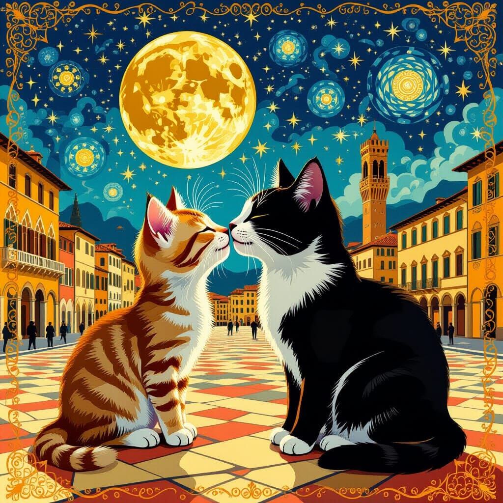 Cats Kissing in Florence: Klimt Gold and Starry Night