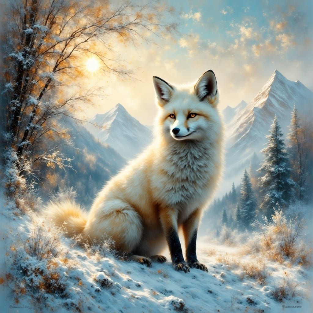 Arctic Fox in Snowy Mountain Landscape