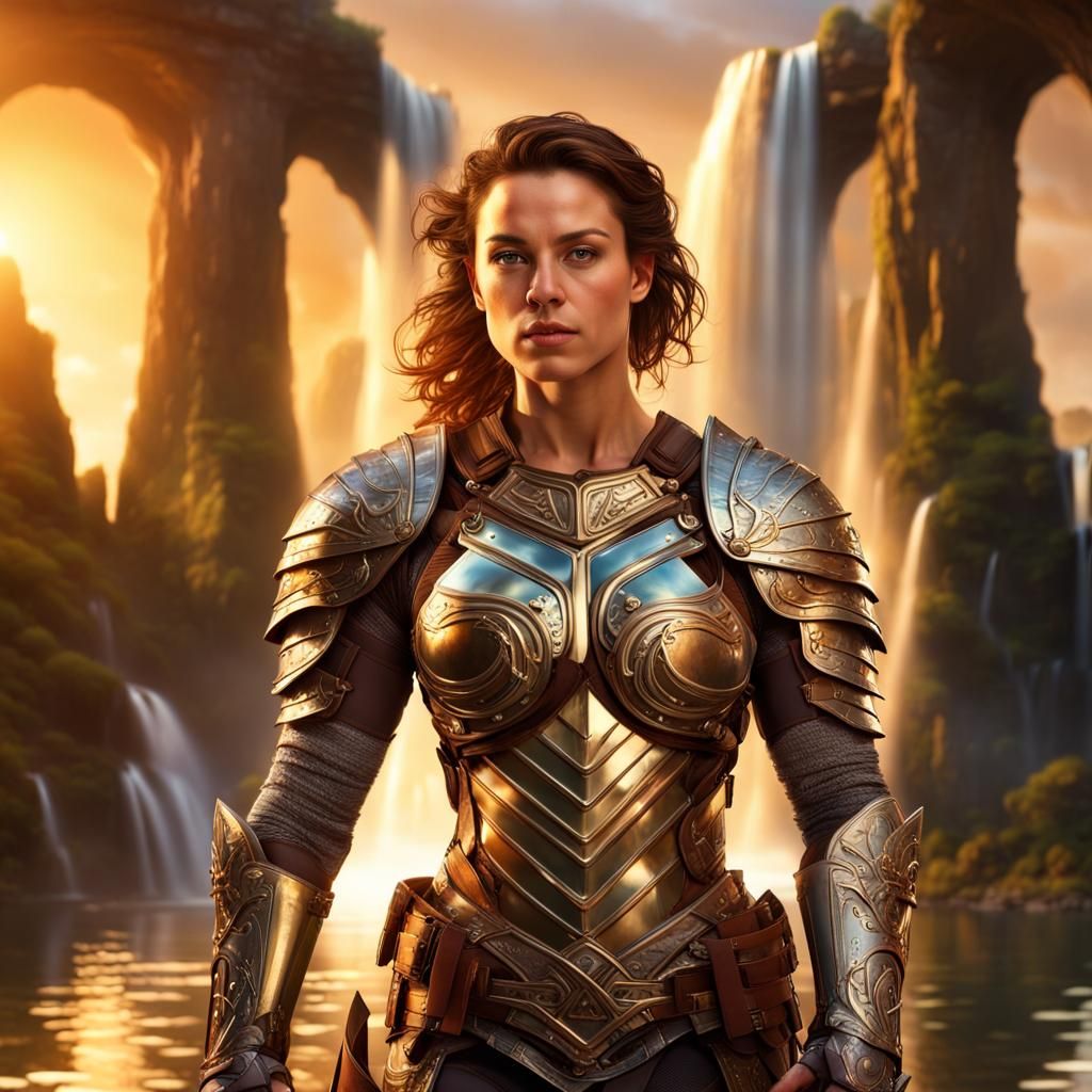 Armored Woman with Waterfall Backdrop in Hyperrealistic Deta...