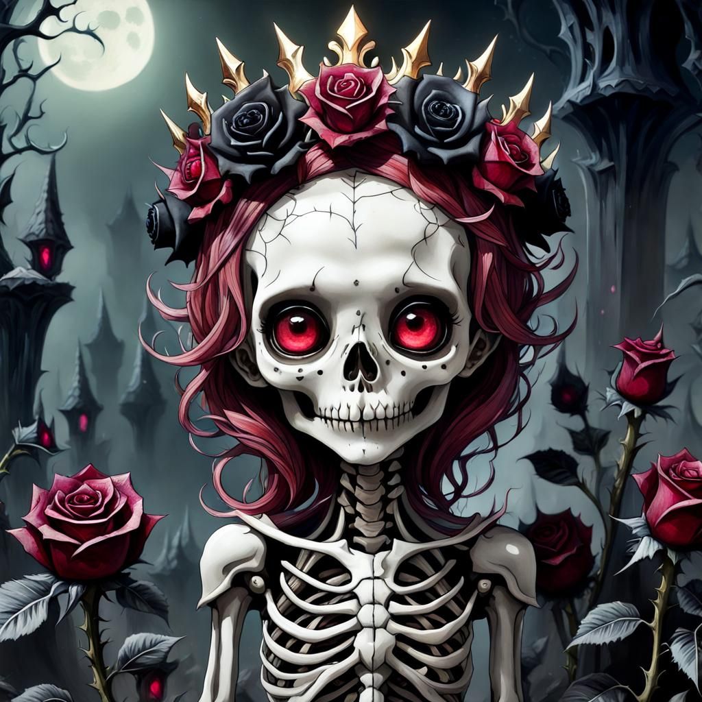 Cute Baby Skeleton with Roses in Ornate Style