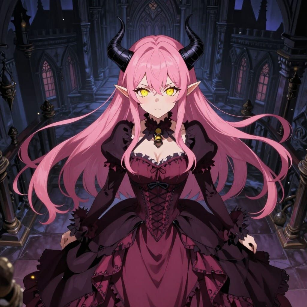 Pink-Haired Demon in Gothic Manor Anime Style