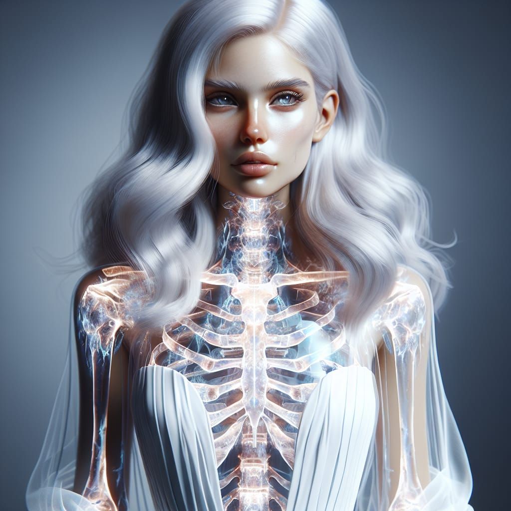 Ethereal Girl with Visible Skeleton in White Dress