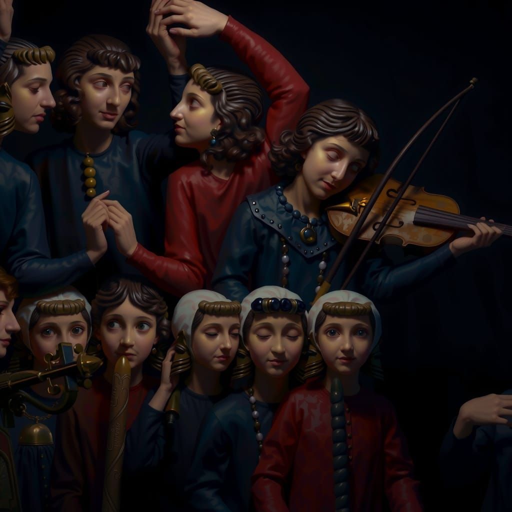 Hyperrealistic Oil Painting of Musicians with Instruments