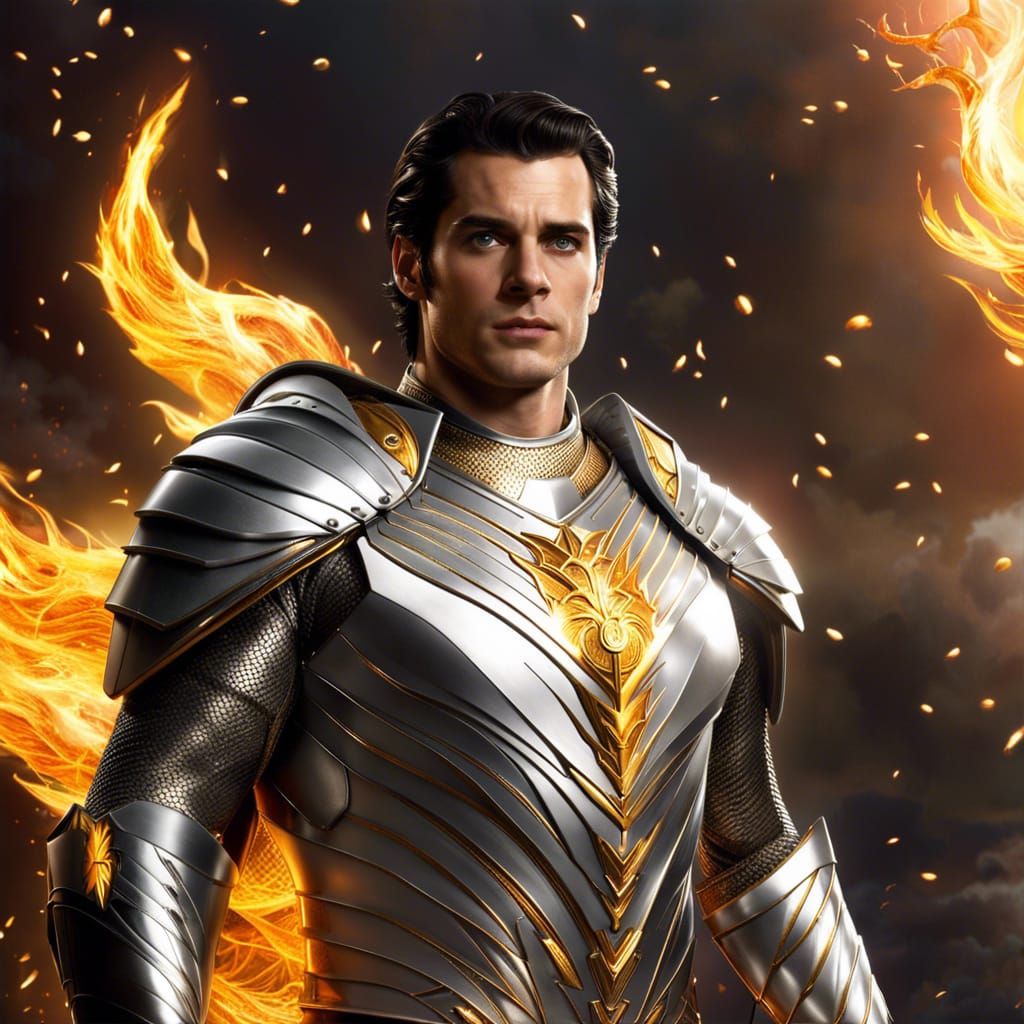 teenage Henry Cavill as Harry Potter Prince of Asgard wearing Phoenix themed silver-white and gold simplified streamline...