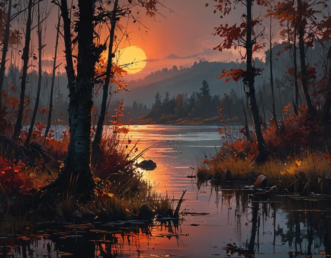 Autumn Landscape Oil Painting with Dramatic Light