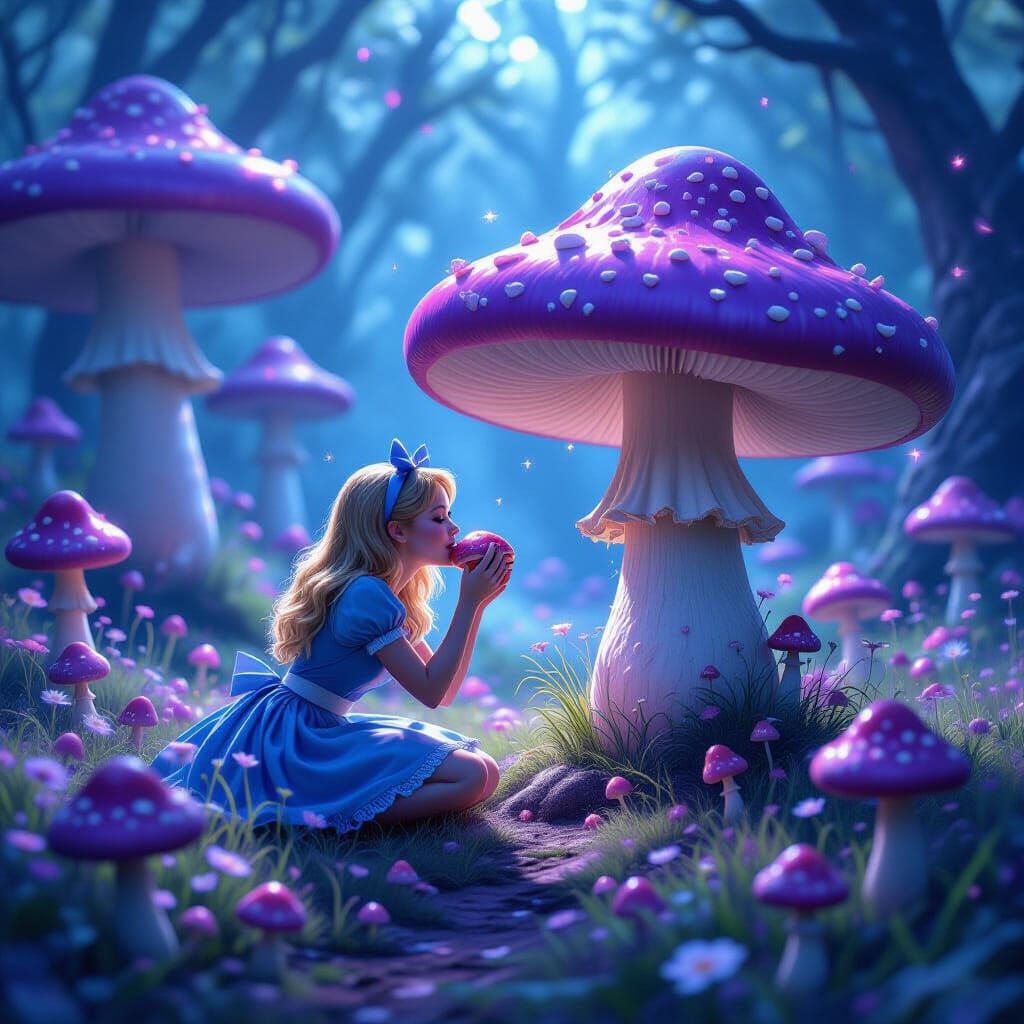 Alice Eats Giant Bioluminescent Mushroom in Fairytale Meadow