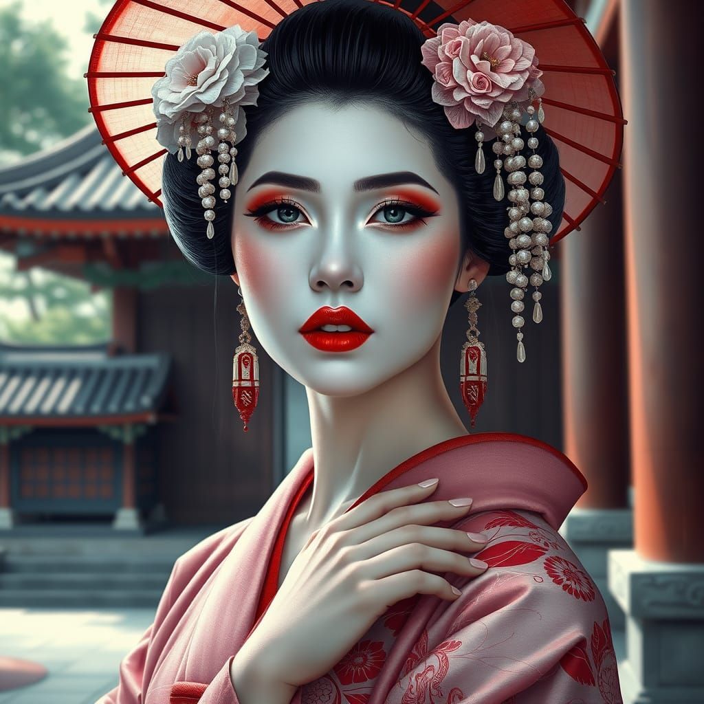 Glamorous Geisha in Ancient Japanese Temple
