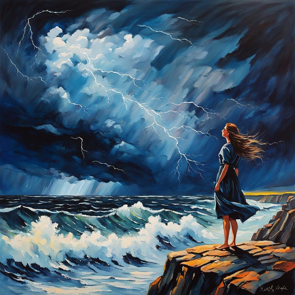 Woman on Cliff Edge Facing Stormy Sea