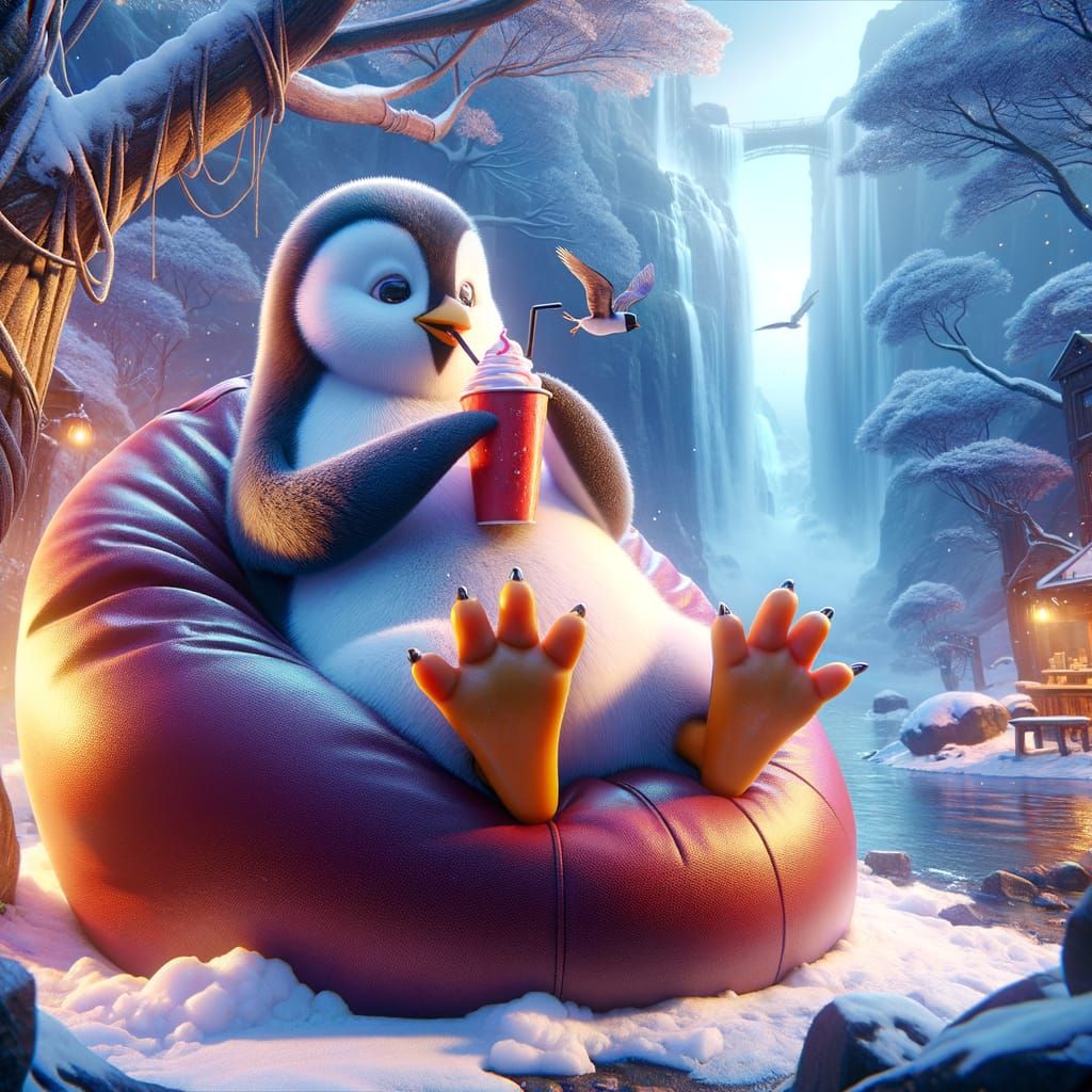 Penguin Enjoys Snowcone on Beanbag in Fantasy Matte Painting