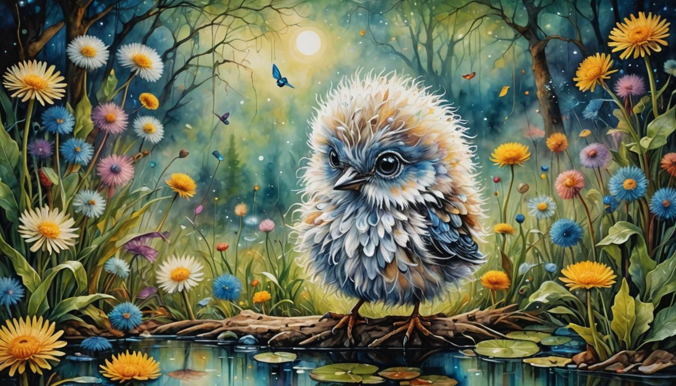 Adorable Fluffy Baby Bird Watercolor Painting