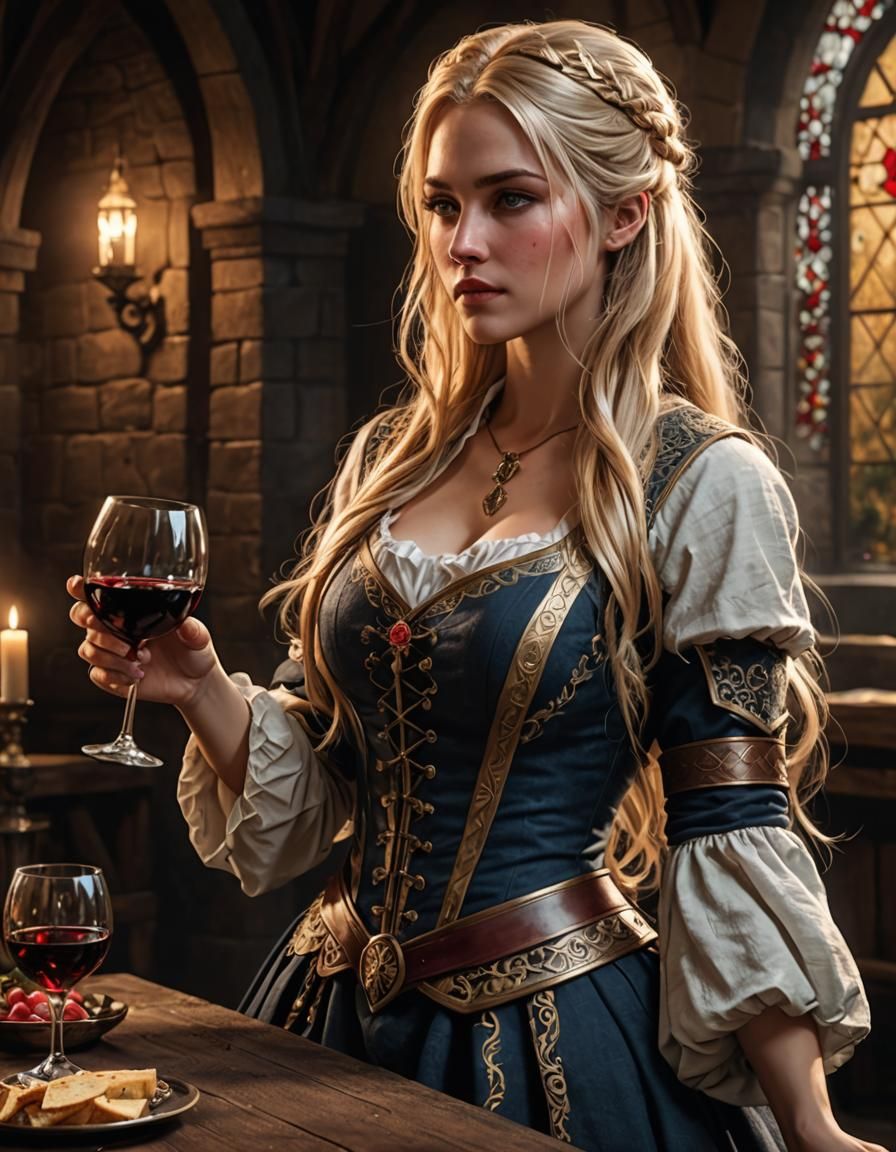 Medieval Magical Girl Drinking Wine, Hyperrealistic Digital ...