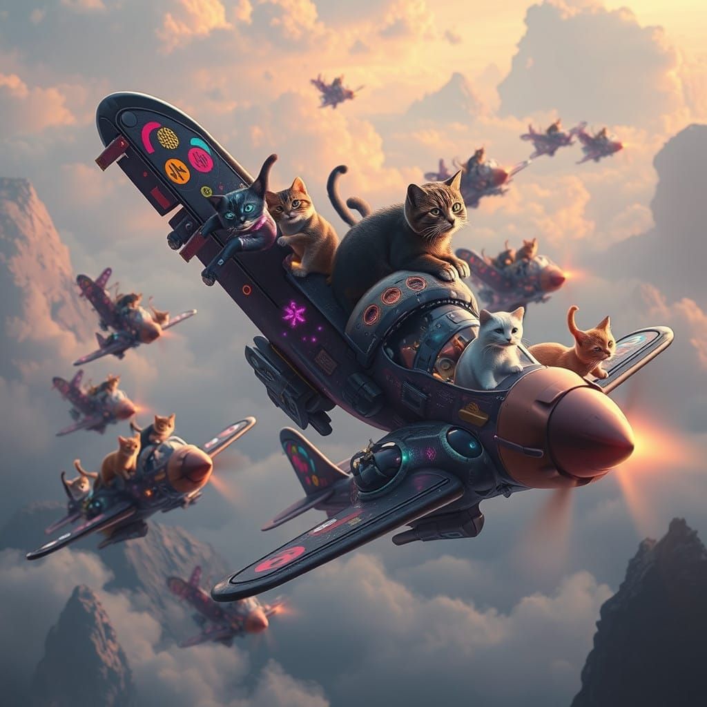 Fantastical Airships Overwhelmed by Flocks of Colorful Cats