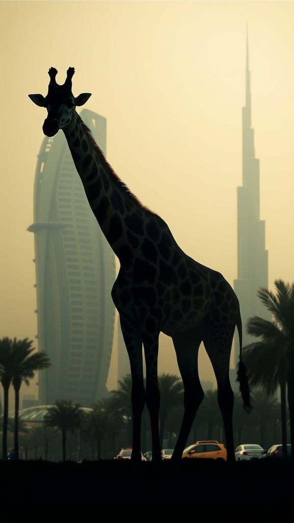 Surreal Giraffe in Majestic Dubai Cityscape