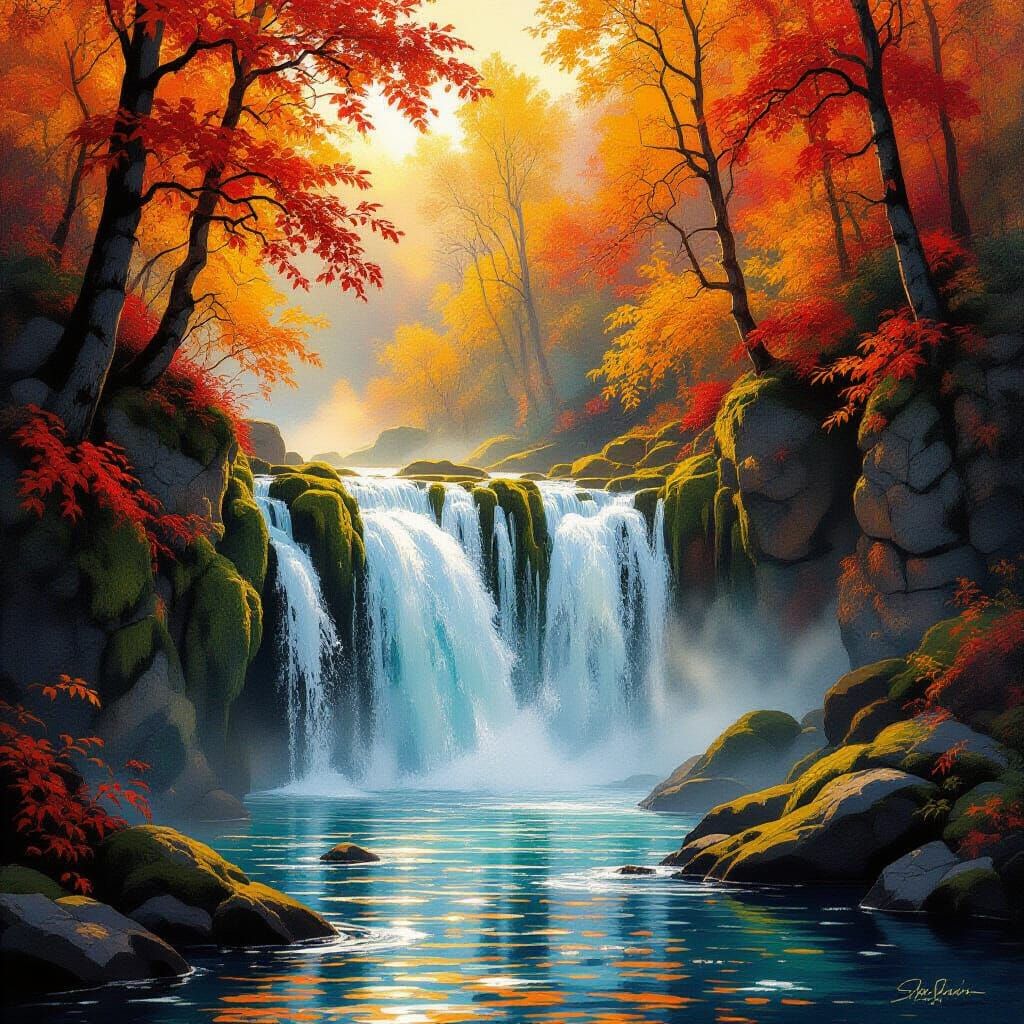 Autumn Waterfall Amidst Fiery Foliage in Painterly Style