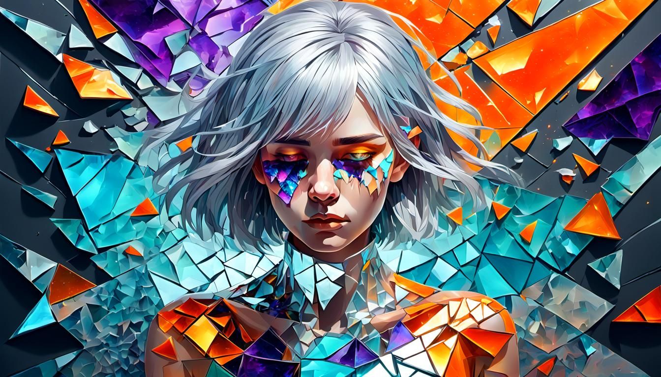 Shattered Reflections: Sad Woman in Prismatic Mosaic