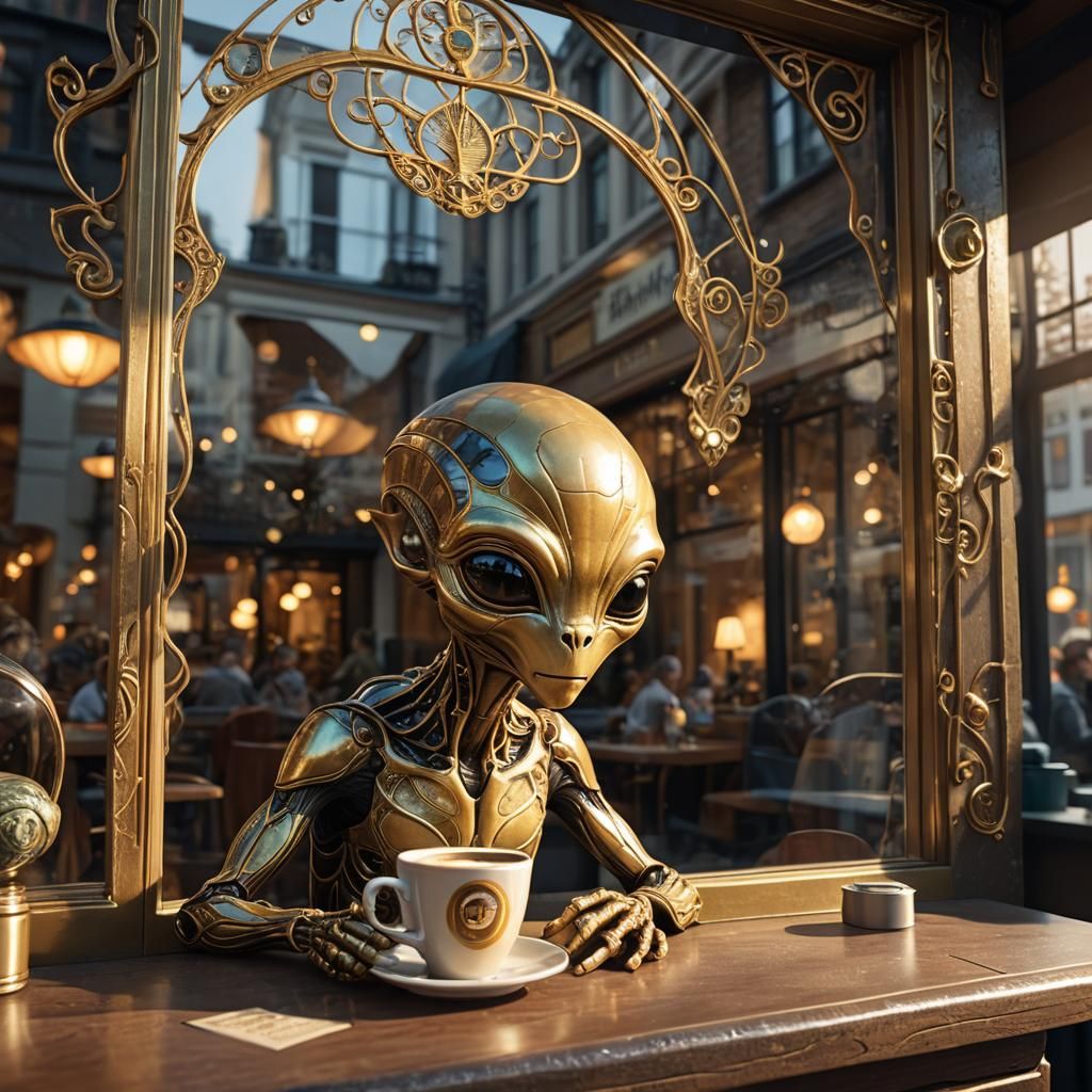 Alien in a coffee shop