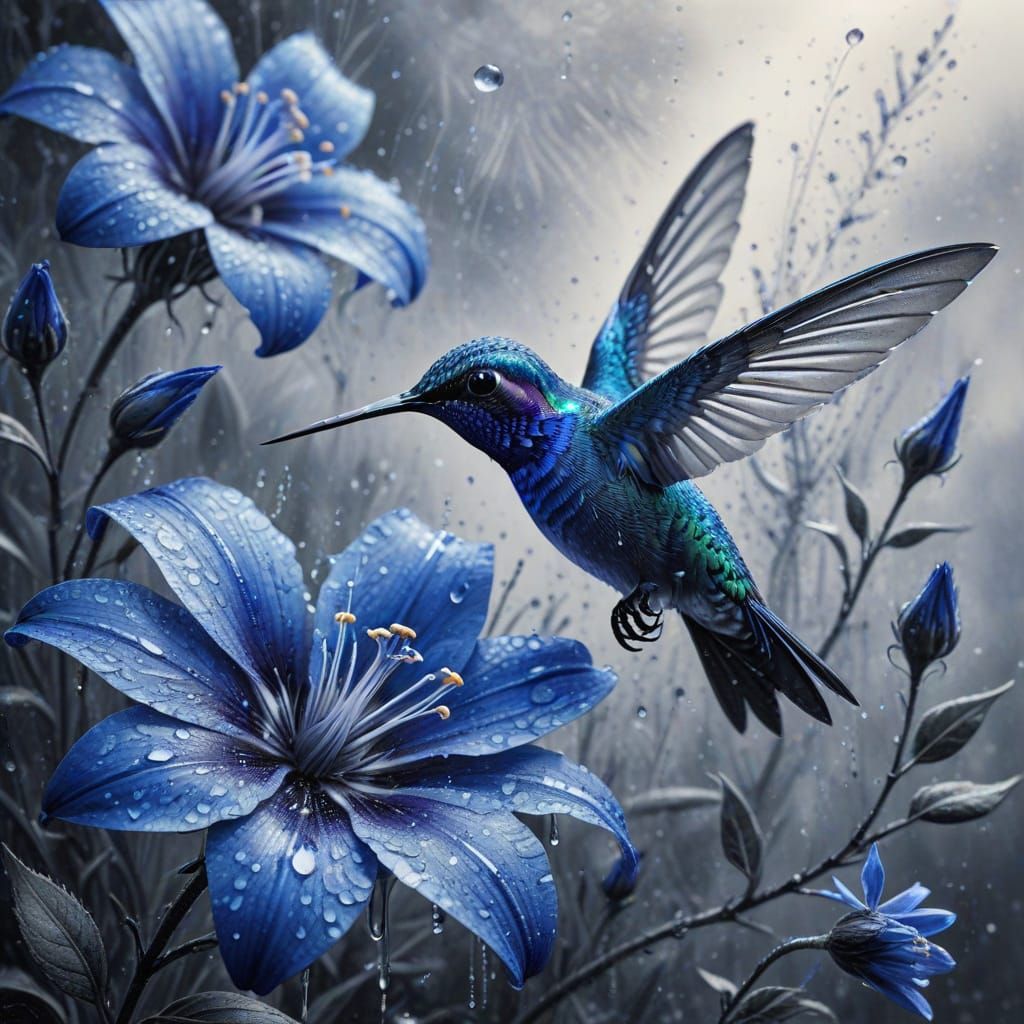 Blue Flower with Hummingbirds in Charcoal Style