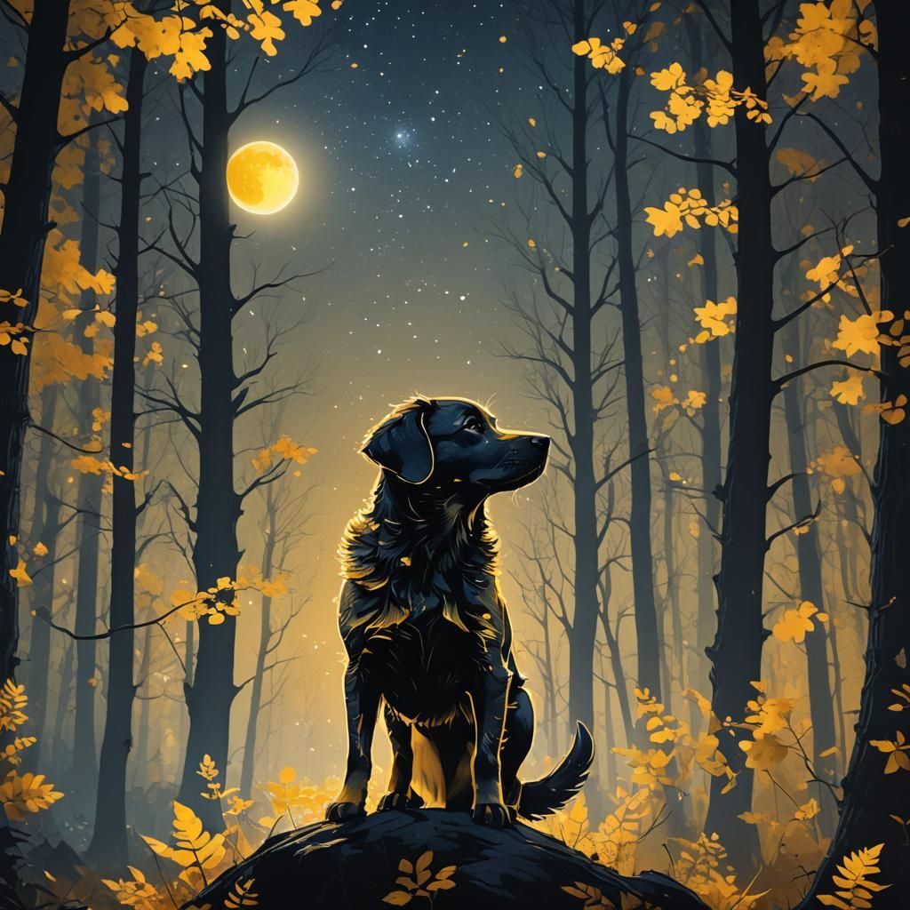 Moonlit Forest Puppy Silhouette: Double Exposure Art