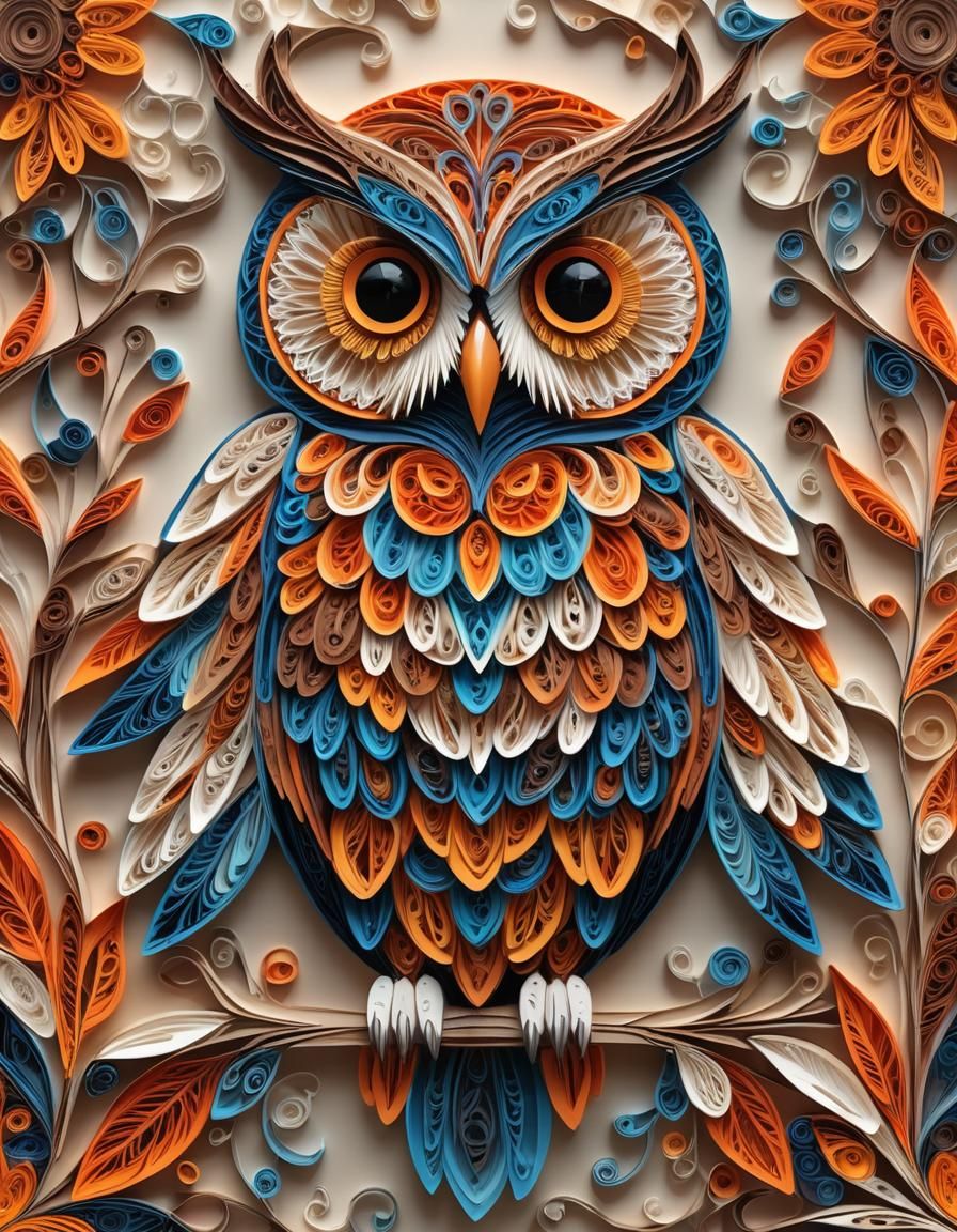 Vibrant Quilling Style Owl Digital Illustration