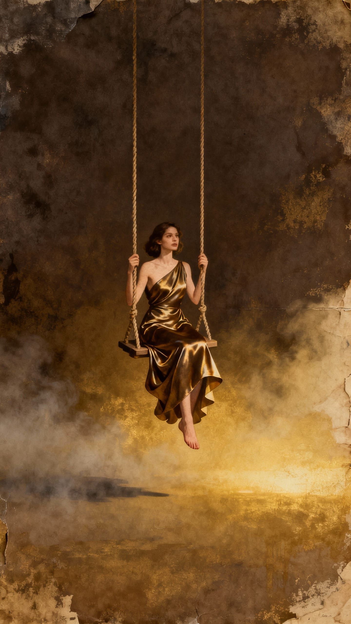 Surreal Woman on Rope Swing, Abstract Oil Painting