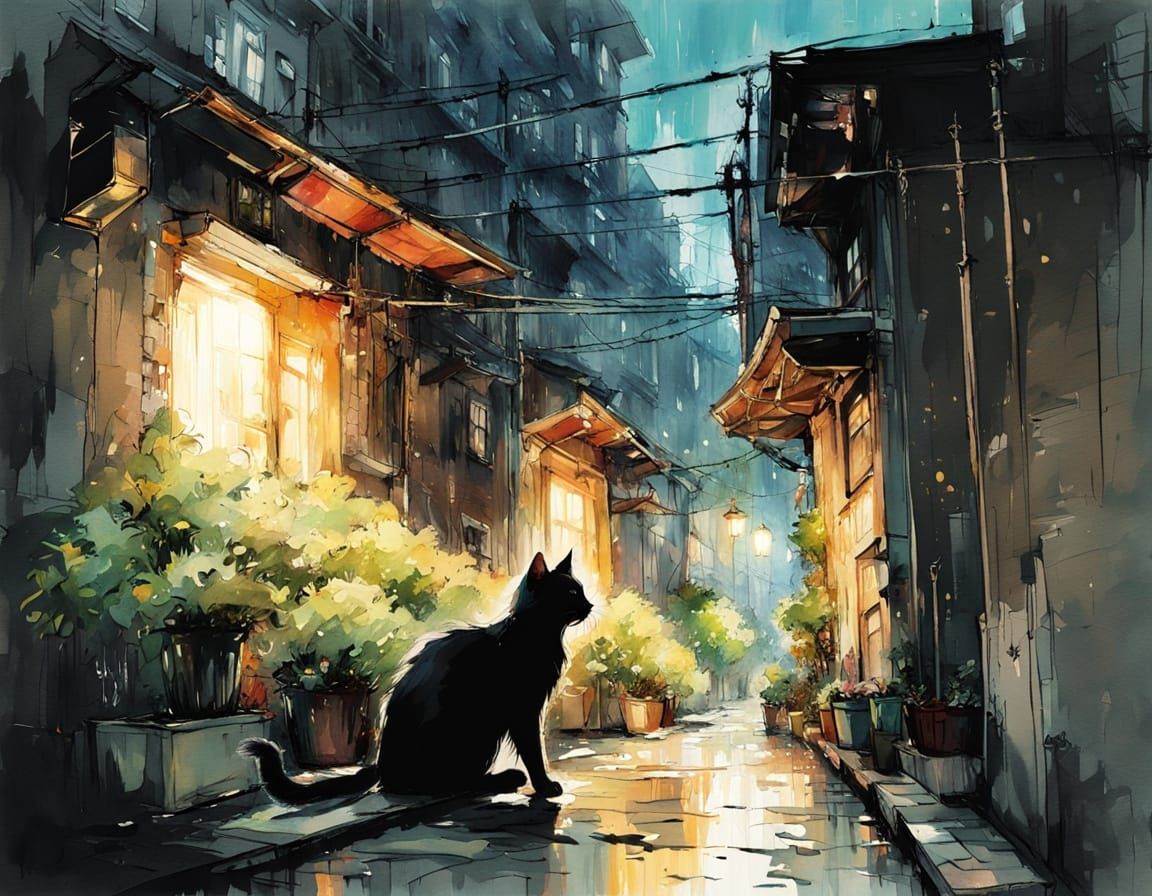 Black Cat Lounging on Japanese Rooftop in Watercolor Style