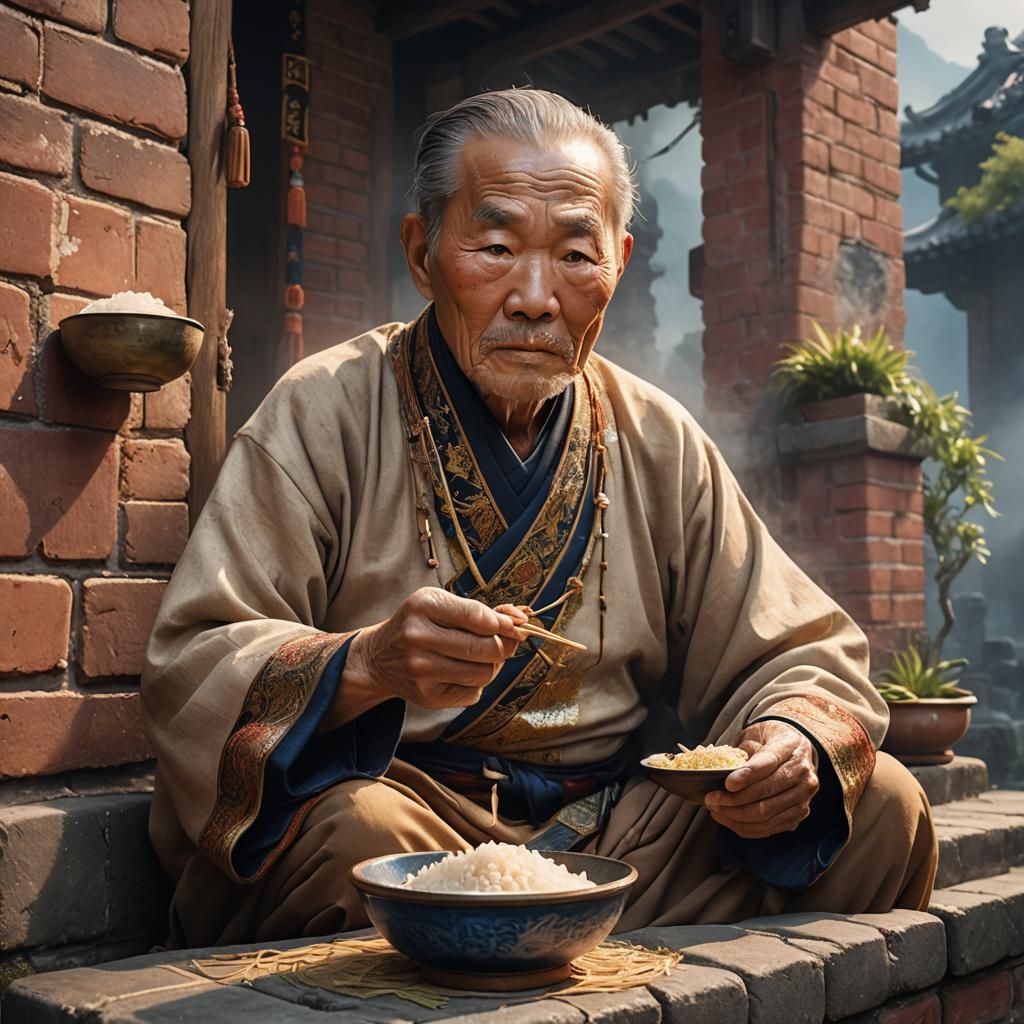 Master Lau Eating Rice in a Fantasy Landscape