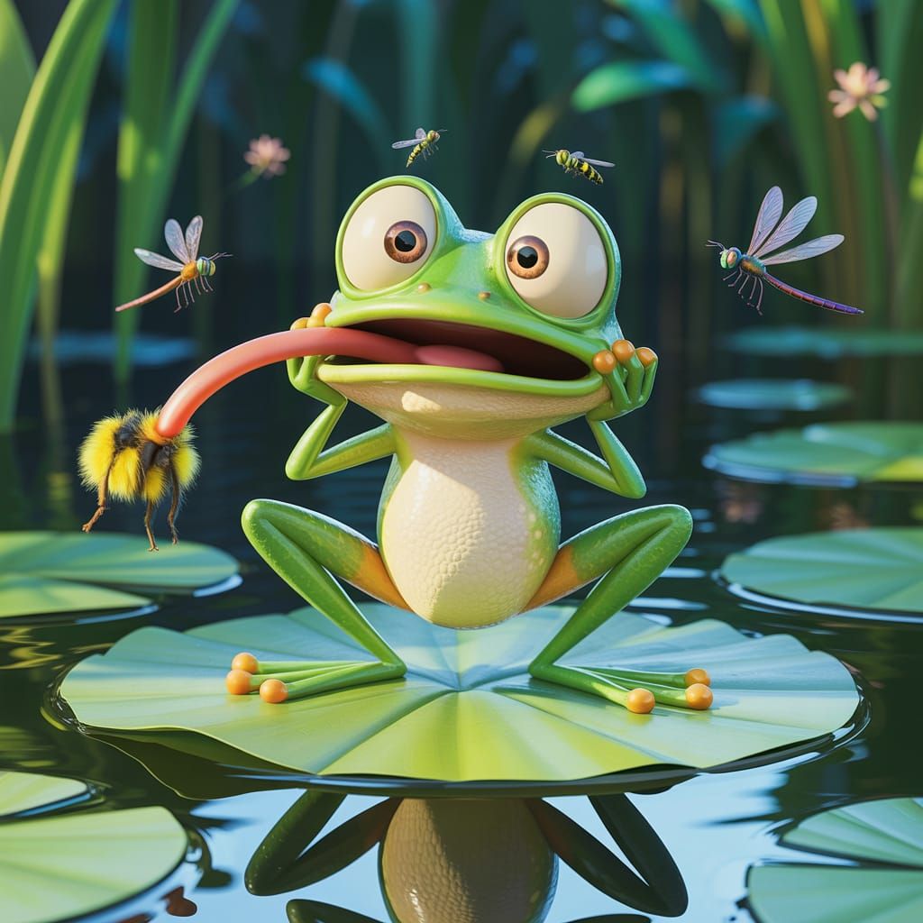 Pixar Style Frog's Surprising Catch in Lagoon