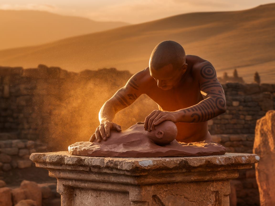 Demigod Crafts Clay Man in Golden Sunset