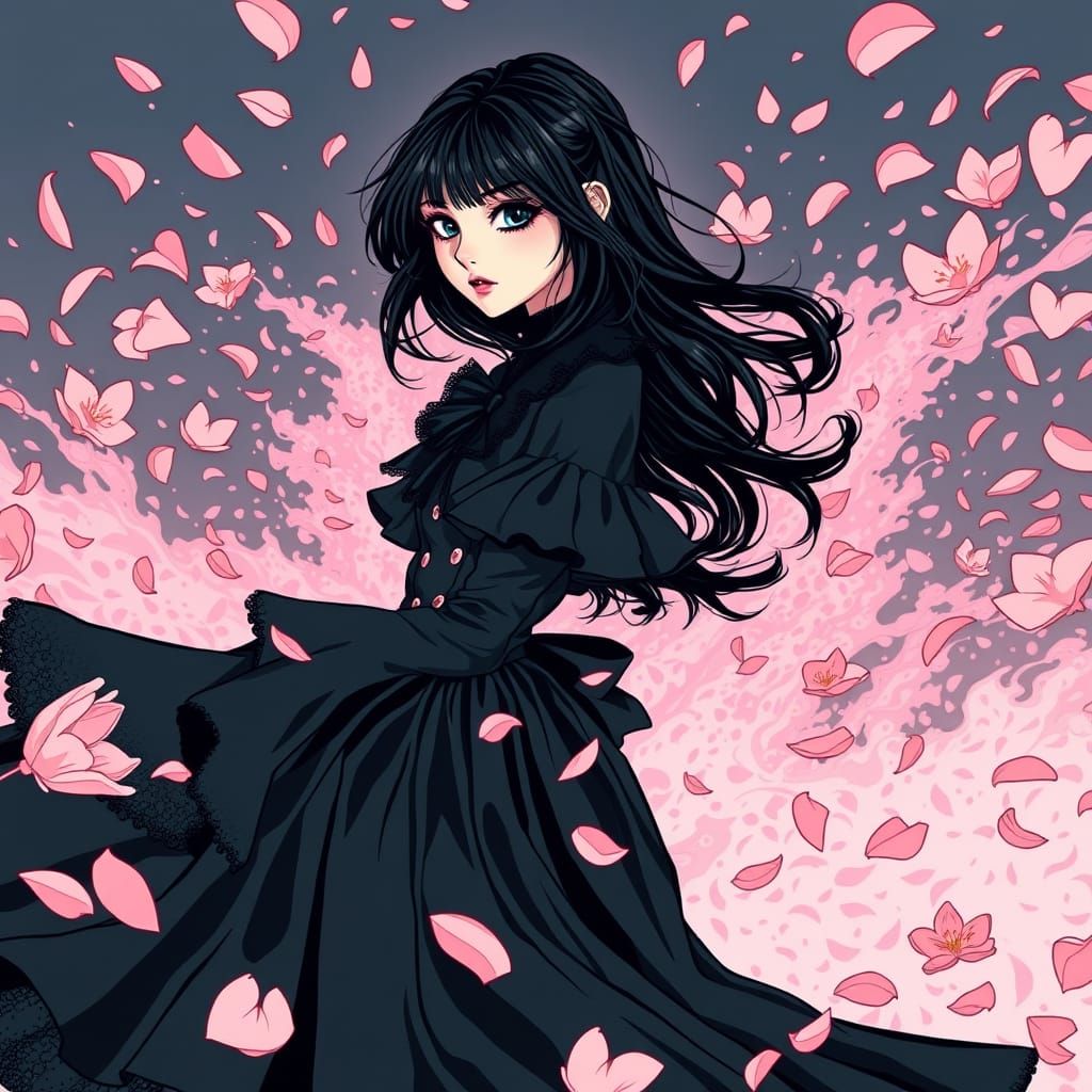 Gothic Lolita Girl Surrounded by Sakura Petals in Whirlwind