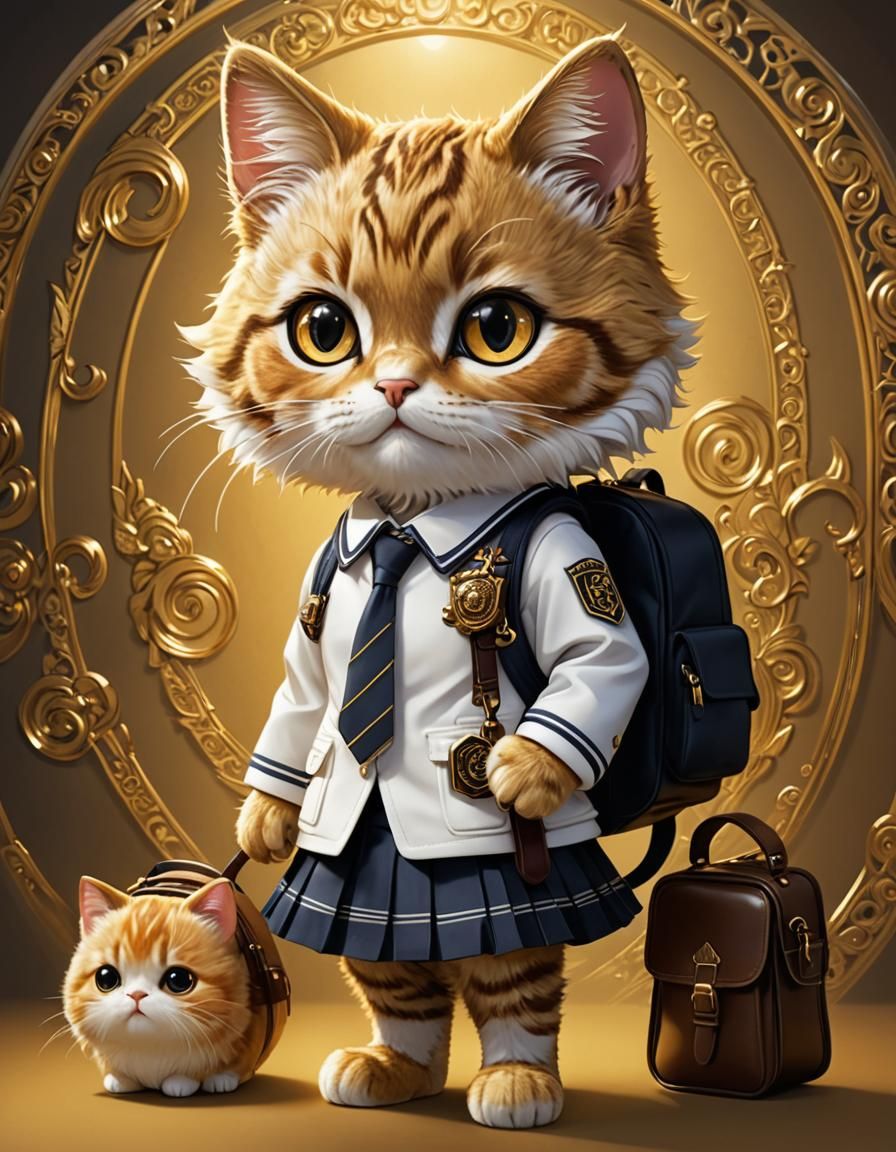 Chibi Cat in School Uniform, Hyper-Realistic Digital Art