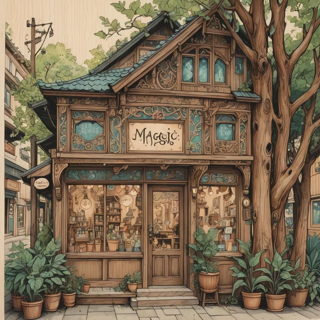 Whimsical Magic Shop Exterior in Ink Sketch Style