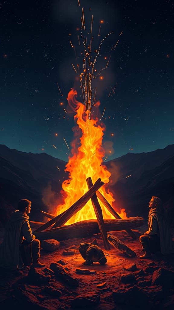 Dramatic Campfire Scene Under Starry Night Sky