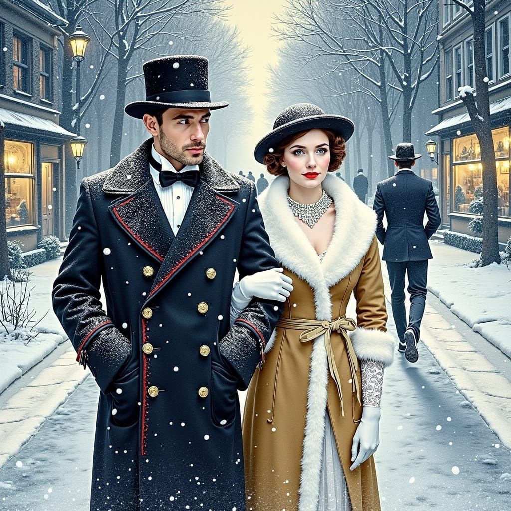 Woman in Snowy Winter Scene with Elegant Companion