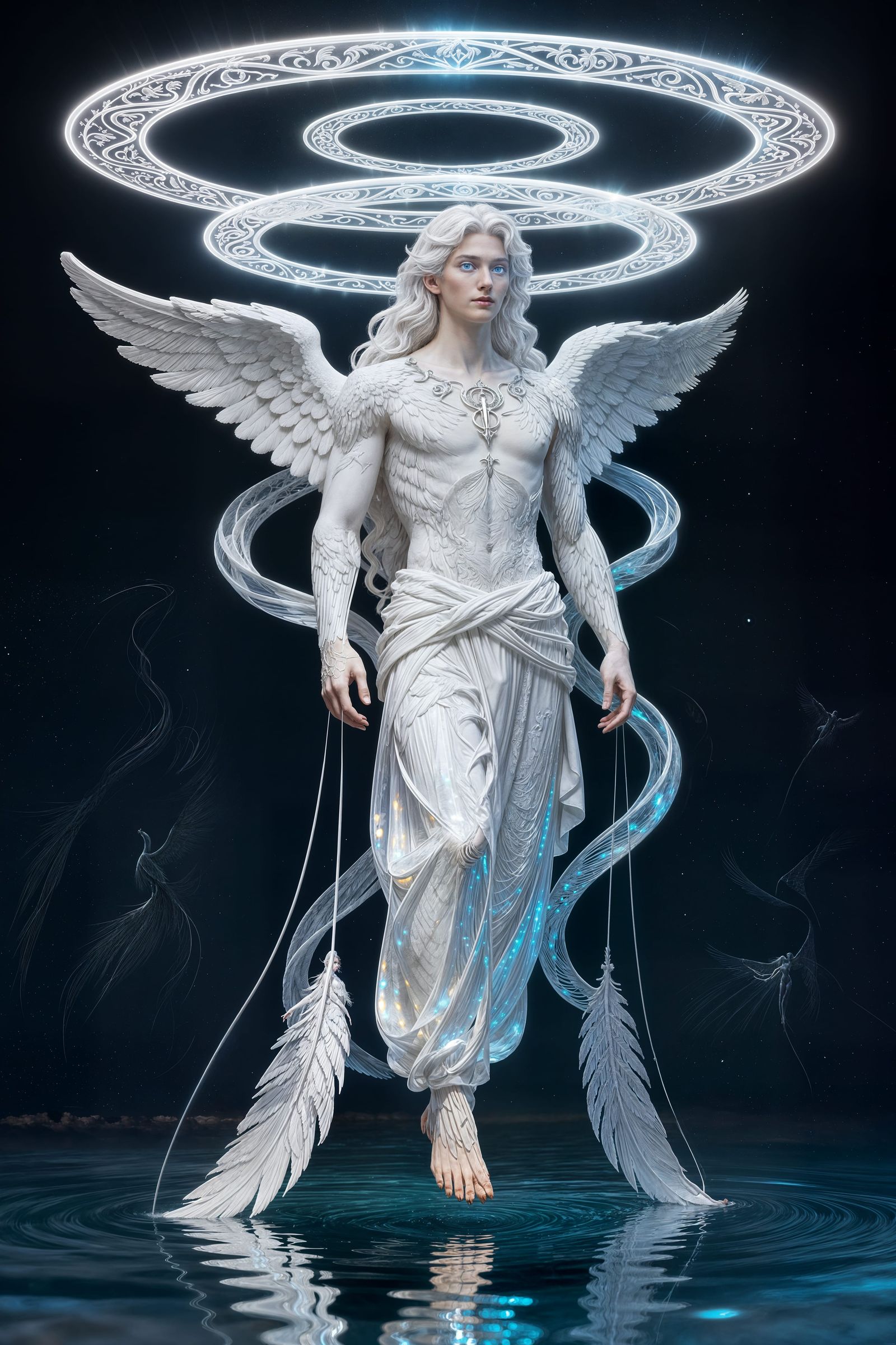 Majestic Angelic Man with Four Wings and Glowing Halos