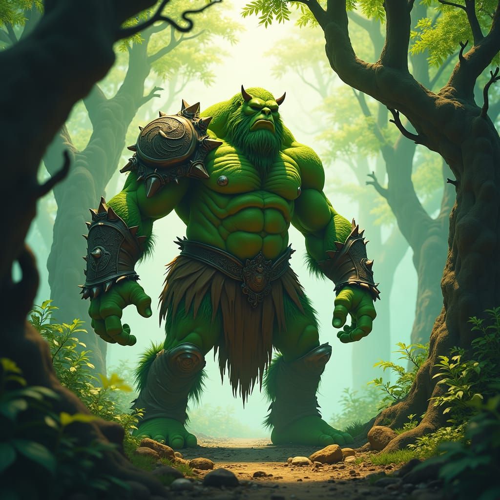 Majestic Green Ogre in Mystical Forest Clearing