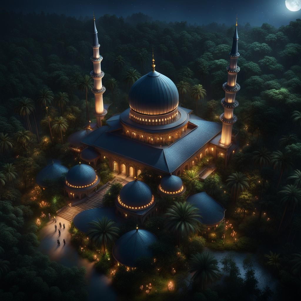 Mosque in Jungle with Fireflies: Detailed Matte Painting