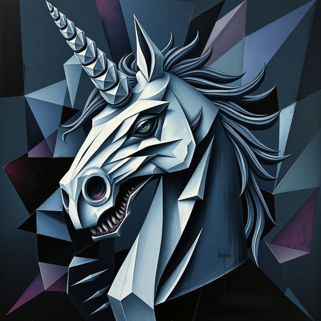 Cubist Macabre Unicorn in Dark, Fragmented Landscape