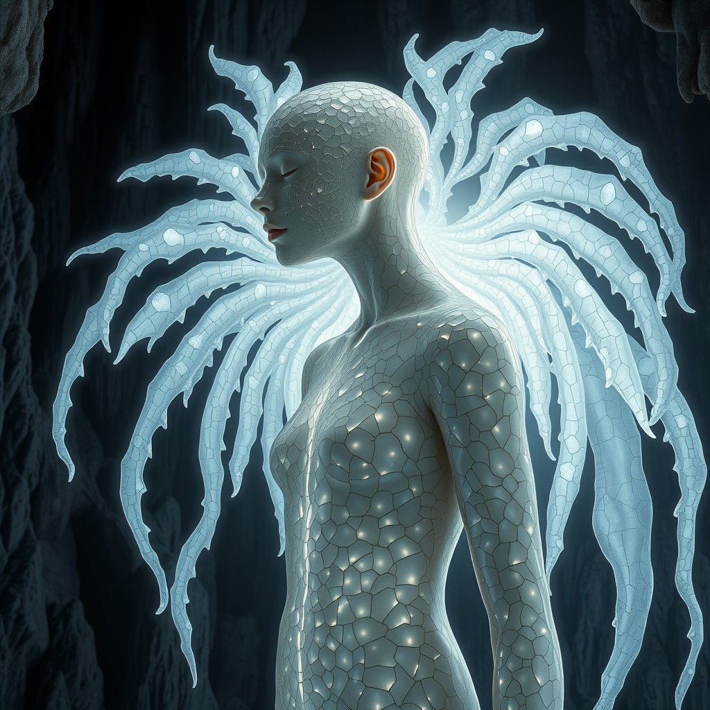 Ethereal Porcelain Figure in Labyrinthine Landscape