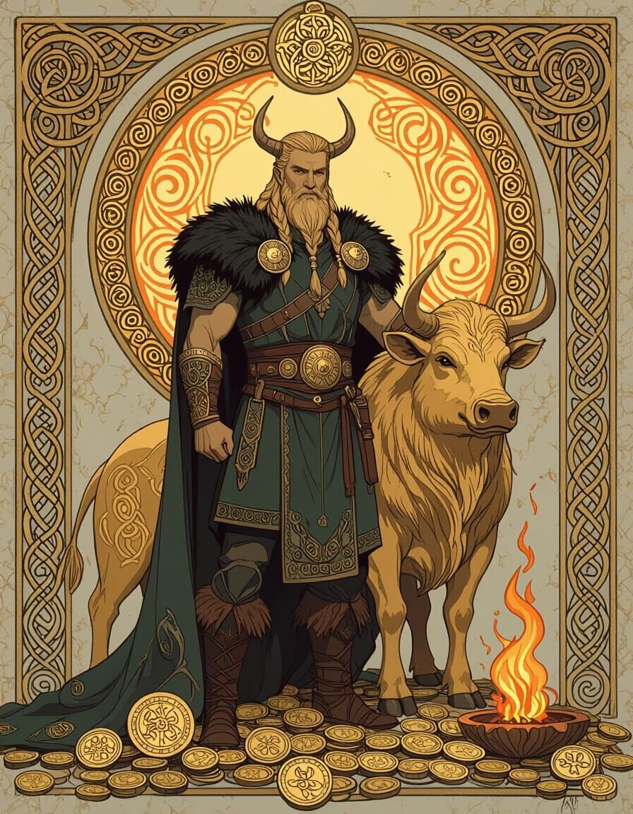Freyr and Gullinbursti in Art Nouveau Style