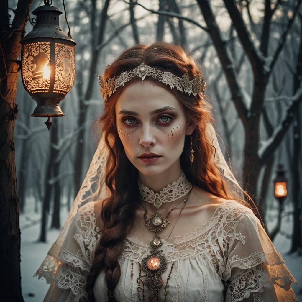 Ethereal Elf Girl in Slavic Attire, Vintage Portrait