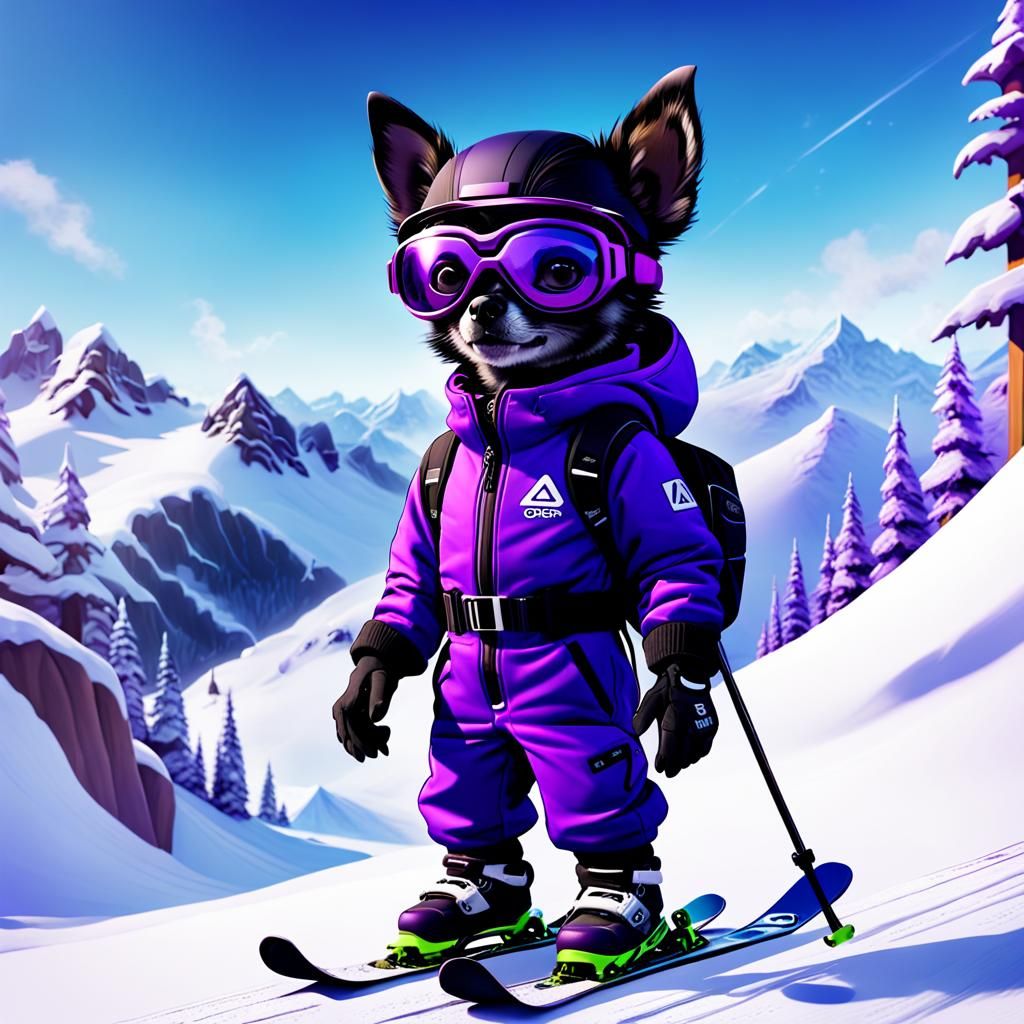 Chihuahua Skier in Purple Suit: Digital Art