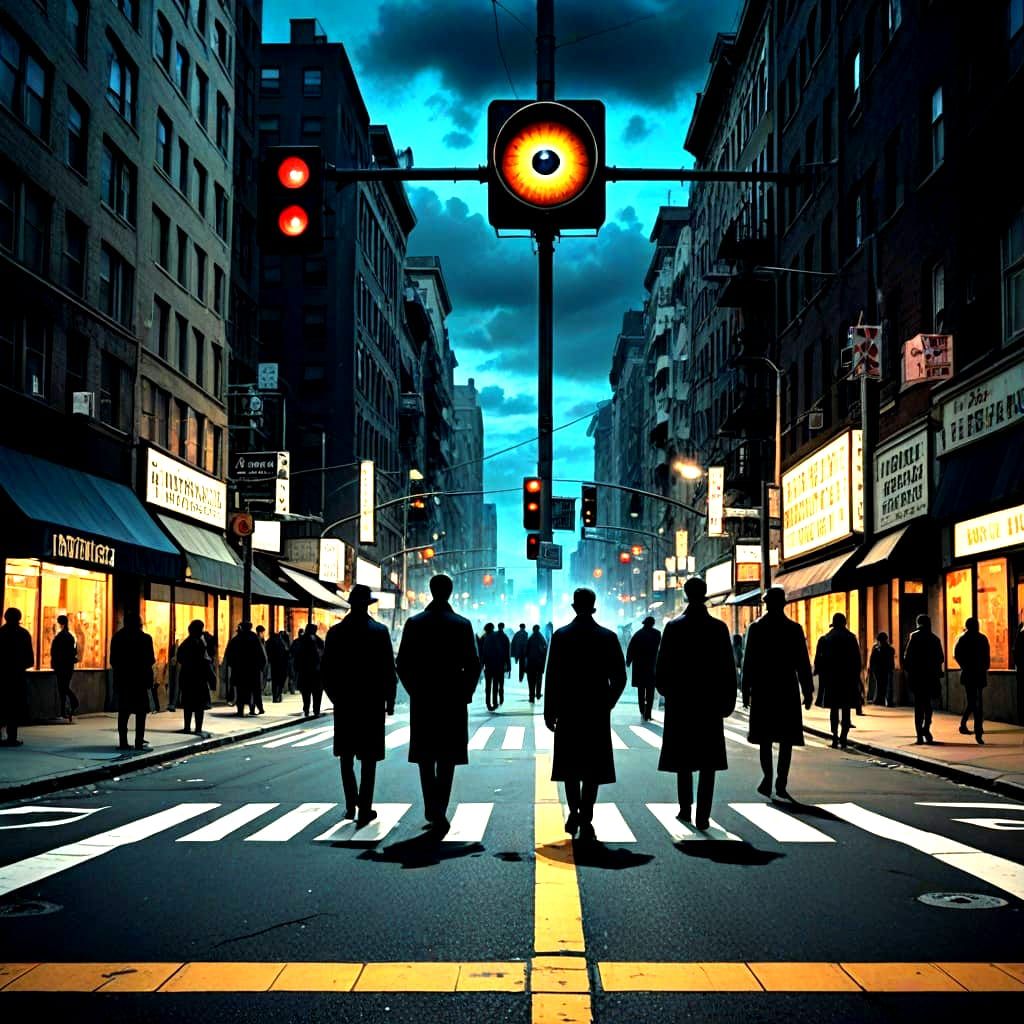 Surreal Dali-Inspired Scene with Eyeballs on City Sign Poles