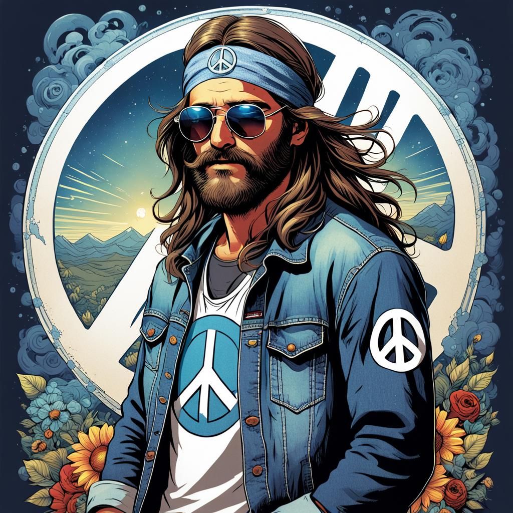Hippie Man with Peace Symbol in Comic Book Style