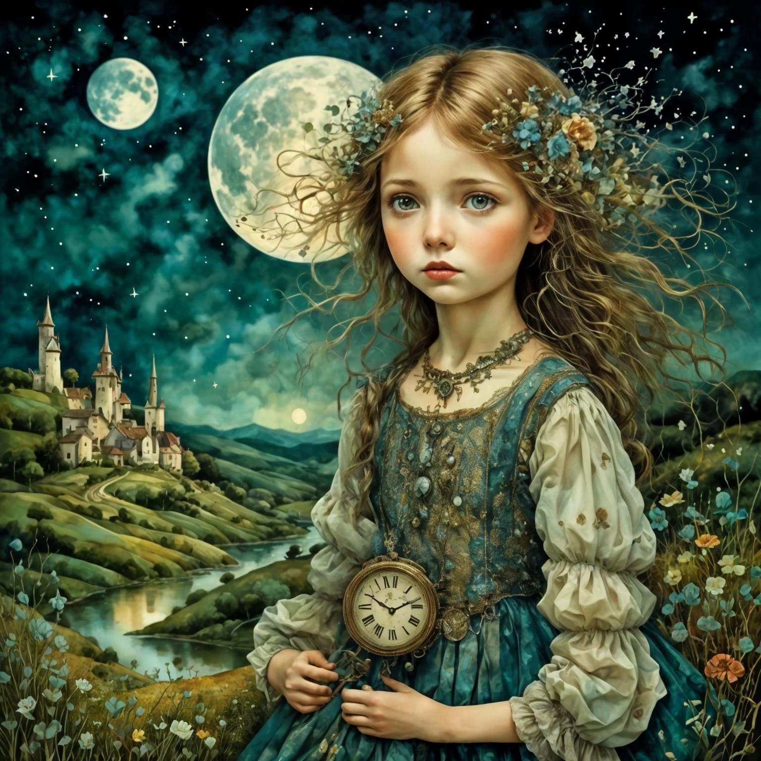 Cute Girl Gazing at Moon in Art Brut Style