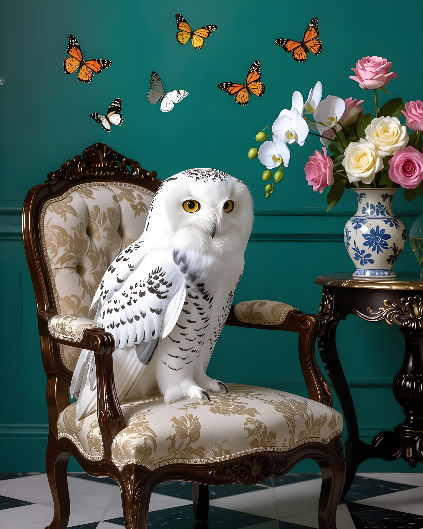 Snowy Owl with Butterflies and Winter Roses